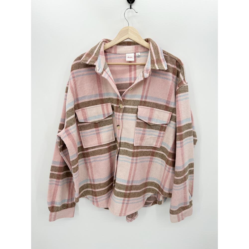 Barbie Women Pink Brown Plaid Button Down‎ Flannel Shacket Wool Blend Size XXL